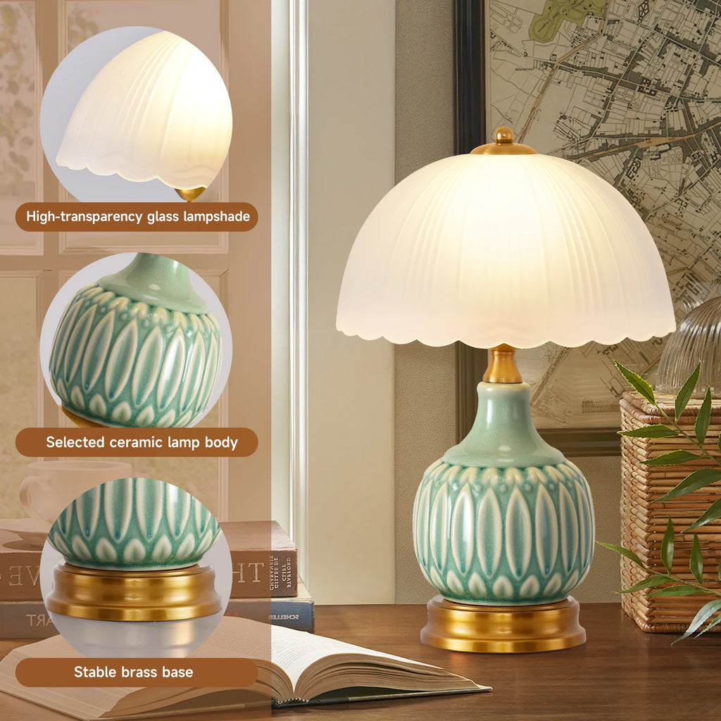 Retro Ceramic Bedside Lamp with Pleated Glass Shade, Green Glaze
