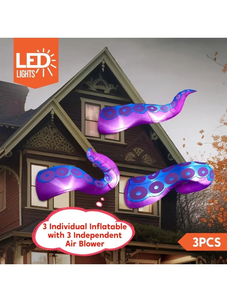 3 Pcs Octopus Tentacle Halloween Inflatables Outdoor Window Decorations Octopus Legs with Build-in LEDs Halloween Front Door Window Roof Prop, Outdoor Holiday Blow up Decor for Garden Lawn