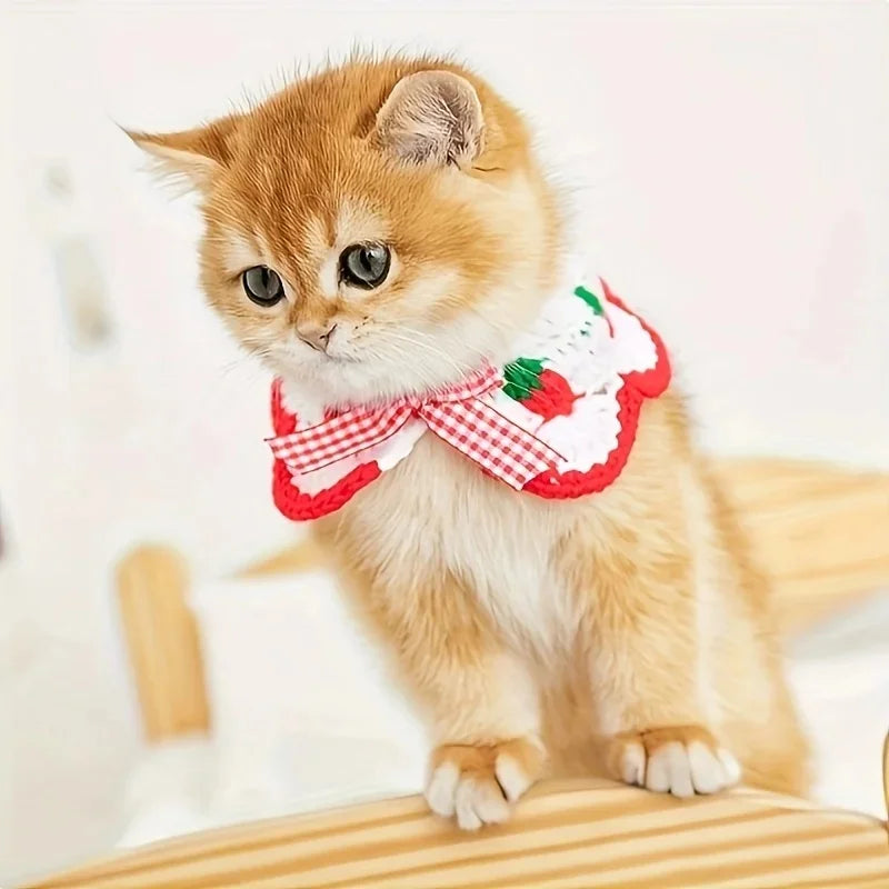 Strawberry Plaid Pet Bib, Soft Polyester Bow Tie with Ruffle Edge, Adjustable Strap for Cats Dogs All Sizes - Pet Supplies from Linloft.