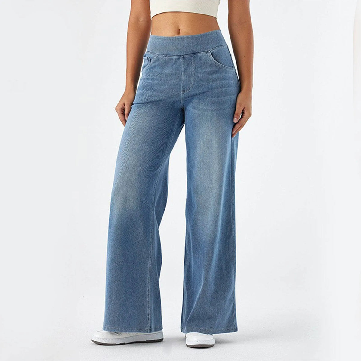 Wide Leg Elastic Waist Baggy Jeans - Apparel & Accessories from Linloft.