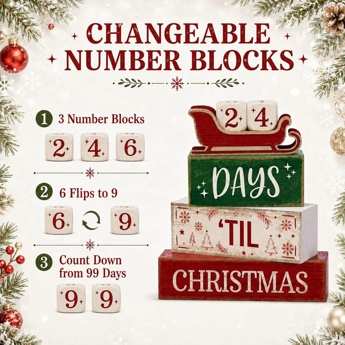 Christmas Countdown Wooden Decorations Indoor, Farmhouse Rustic Tabletop Decor, Days 'Til Christmas Sleigh Advent Calendar Wood
