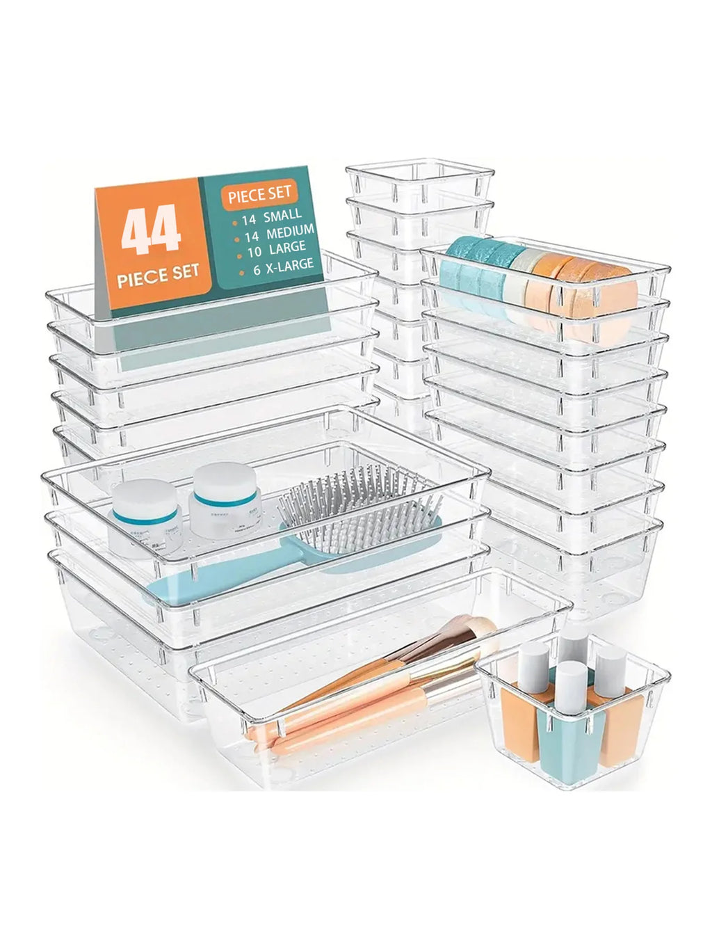 44pcs Drawer Storage Box Kit, Multifunctional Clear Plastic Drawer Organizer Set, Drawer Divider Organizers And Storage Box
