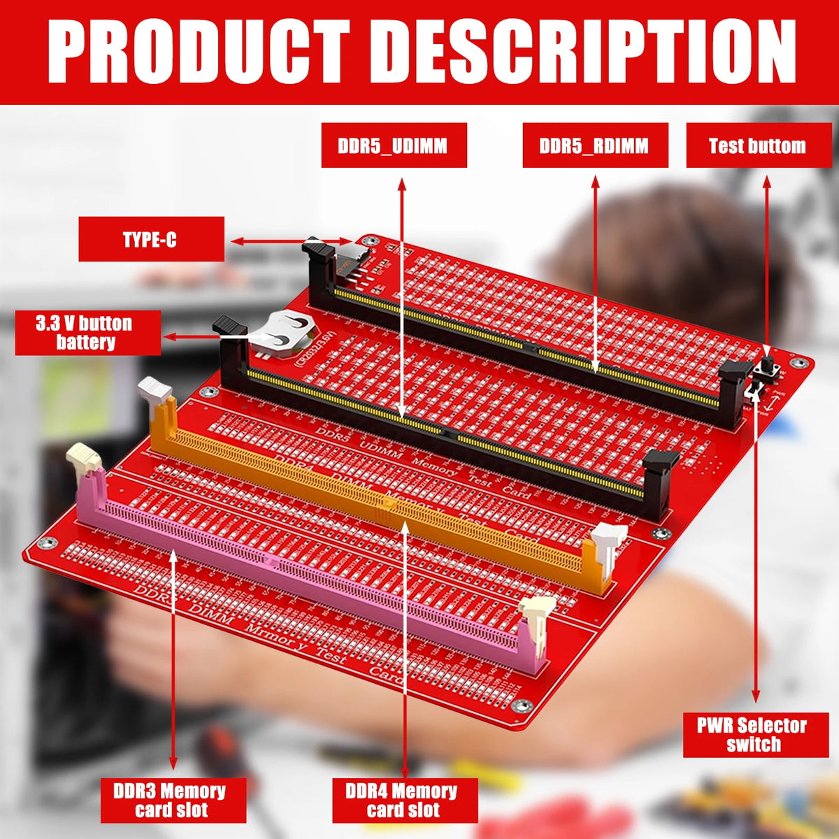 DDR3/4/5 RDIMM/UDIMM Memory Tester with LED Indicator USB C Power Supply Test Button Computer DDR3/4/5 Memory Test Card