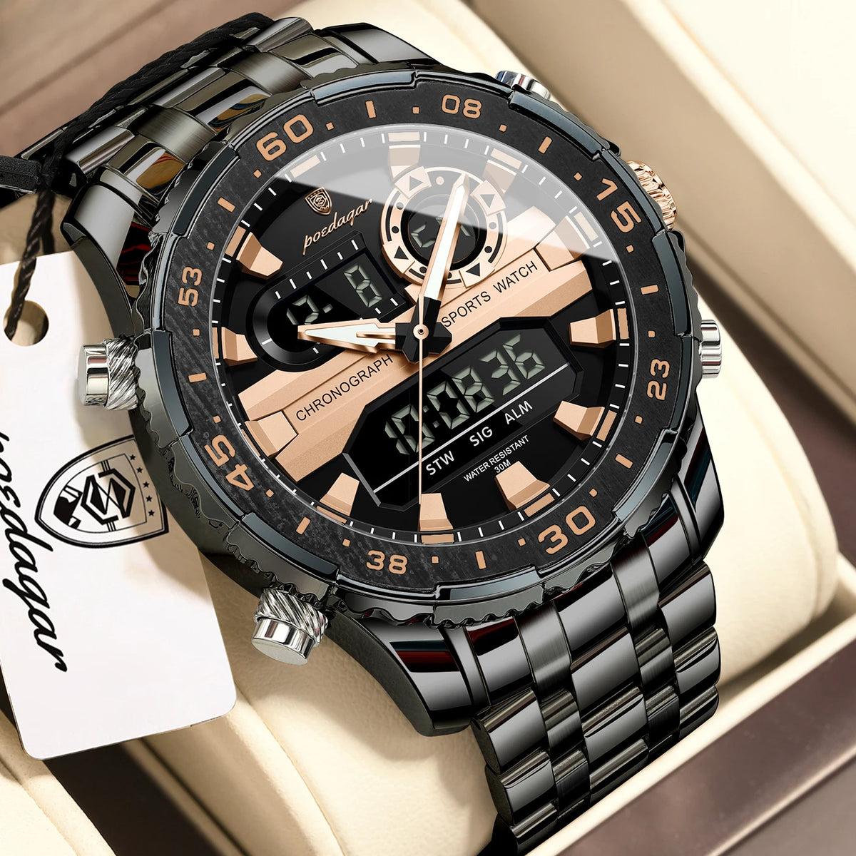 POEDAGAR Functional Electronic Man Wristwatch Week Date LED Luminous Oversized Fashion Quartz Men Watch Dual Time Digital Military Men's Watches Reloj - Apparel & Accessories from Linloft.