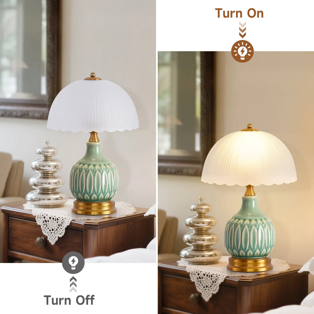 Retro Ceramic Bedside Lamp with Pleated Glass Shade, Green Glaze
