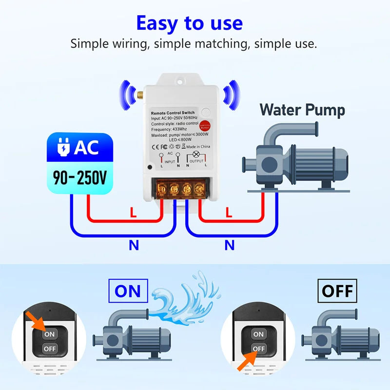 433 Mhz Remote Control Universal Wireless Remote Switch AC 220V 30A Relay Receiver 1000m RF Transmitter for Water Pump / Farm