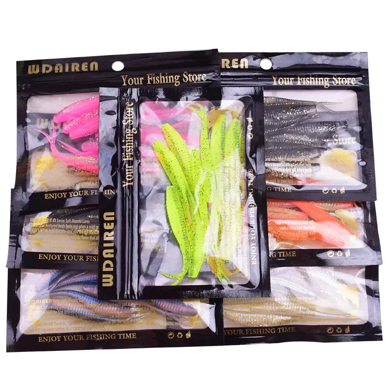 10 Pcs Forktail Worm Silicone Soft Lure 7cm 1.8g Jig Wobblers Double Colors Artificial PVC Bait for Bass Pike Fishing Tackle