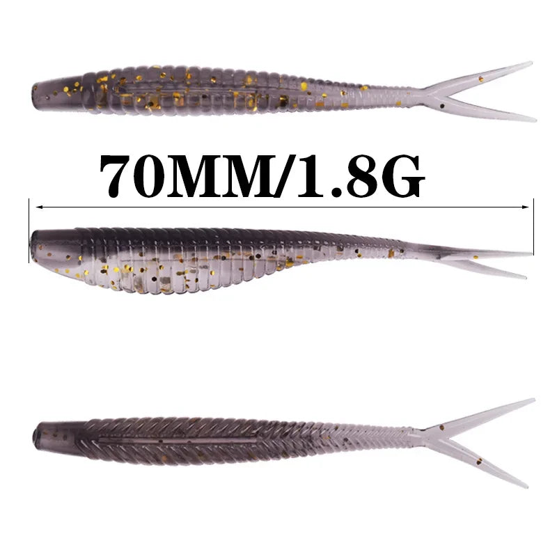 10 Pcs Forktail Worm Silicone Soft Lure 7cm 1.8g Jig Wobblers Double Colors Artificial PVC Bait for Bass Pike Fishing Tackle