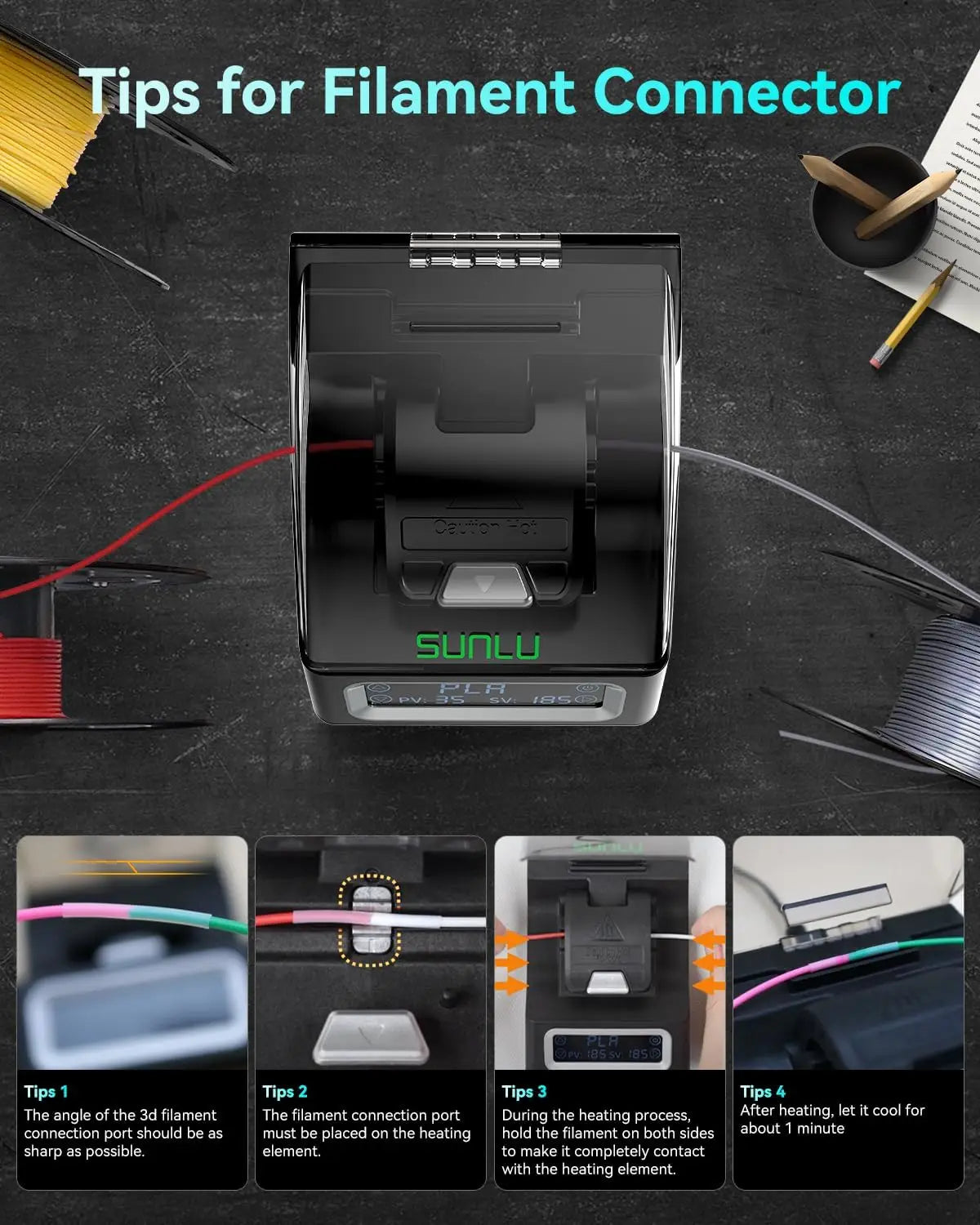 SUNLU Filament Connector FC01 for 1.75mm PLA/ABS/PETG/PA/PC Filament Fast Welding Splicer Simple to Use with 200pcs PTFE Sleeve