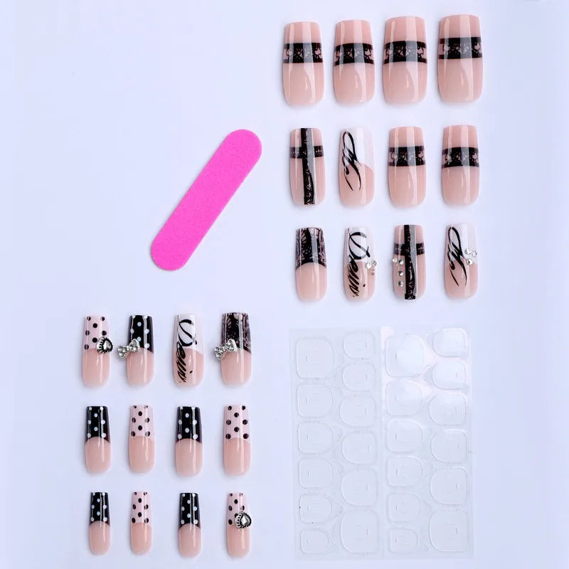24Pcs Y2K Dark Medium Square False Nails Black Lace Cross French Polka Dot Press On Nails 3D Metallic Silver Bow Heart Nail Tips