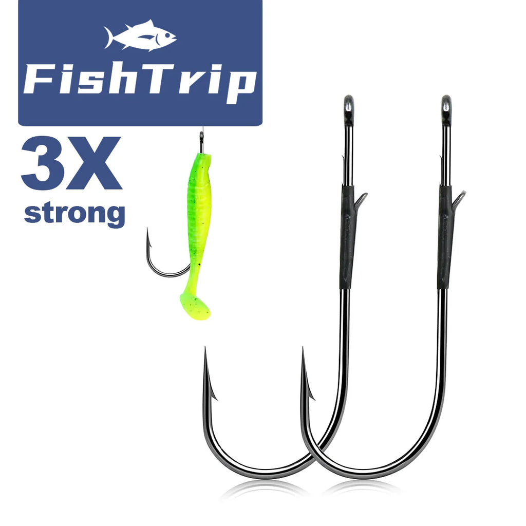 FishTrip 10~30PCS 3X Strong Baitholder Worm Hooks Double Barbed Hook High Carbon Steel Flipping Hooks for Freshwater & Saltwater