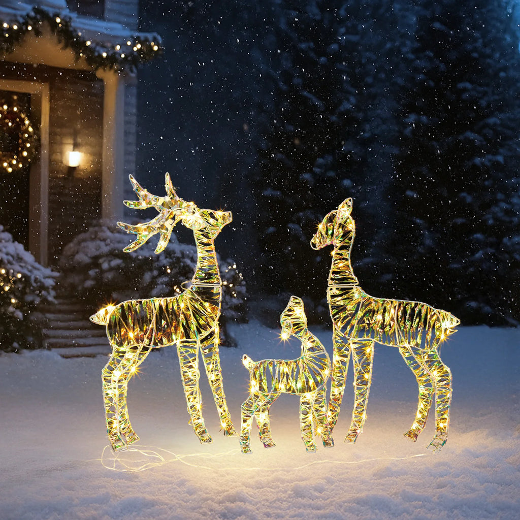 3-Piece Lighted Reindeer Family Christmas Decor – 110 Warm White LED, Iridescent Finish, Weatherproof Metal Frame, for Indoor/Outdoor Yard, Porch, Garden – Easy Assembly, Festive Holiday Display