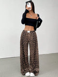 Women Leopard Print Wide Leg Pants Elastic High Waist Loose Casual Trousers Streetwear Y2K Fashion Long Palazzo Pants - Apparel & Accessories from Linloft.