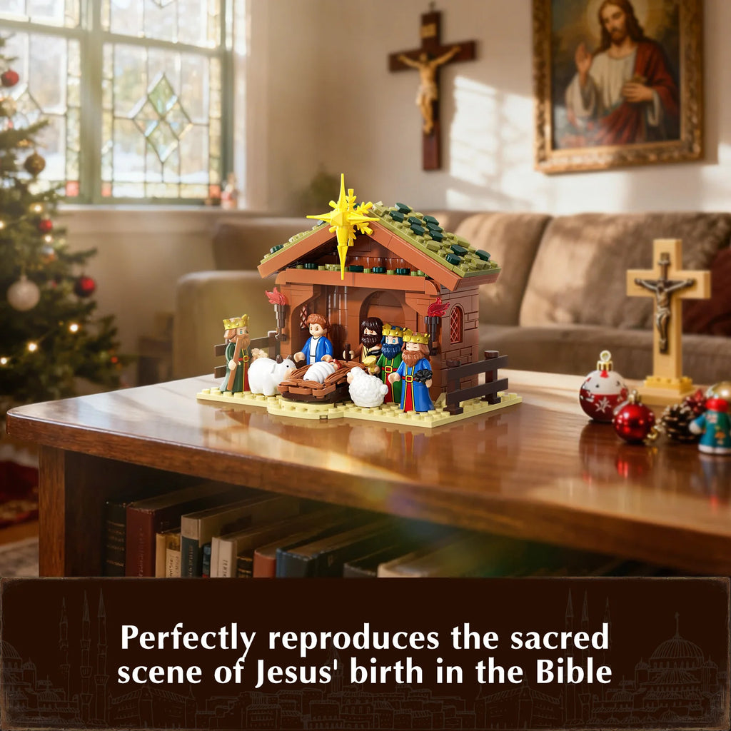 JAKI Christmas Nativity Scene Set Building Blocks Model Kit Manger Stable Tabletop Holiday Decor Home Display Gift Collectors Christian Jesus Birth Xmas Village Decoration Ornaments Halloween Birthday