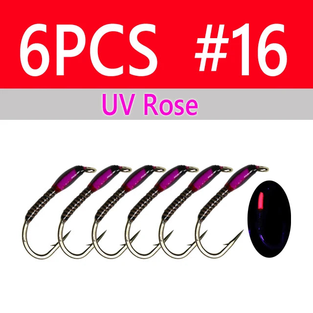 Wifreo 6PCS UV Glow Epoxy Buzzer Midge Nymph Fly Fluorescent Peacock Quill Nymph Trout Perch Grayling Fishing Lures Bait #10~#16 - Fishing Tackle from Linloft.