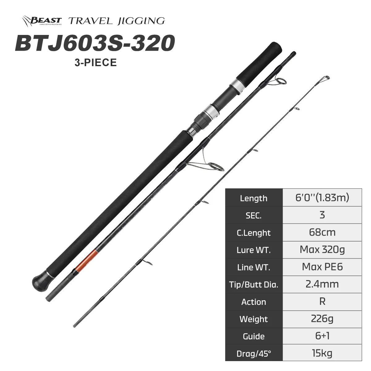 Portable 3-Piece Travel Jigging Rod - Fishing Tackle from Linloft.