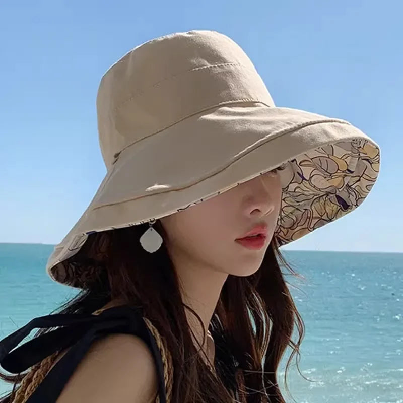 1×Women's Sun Protection Fishing Cap Full Face Bucket Cap Spring Summer Outdoor Large Brim UV Protection Hat with Windproof Rope