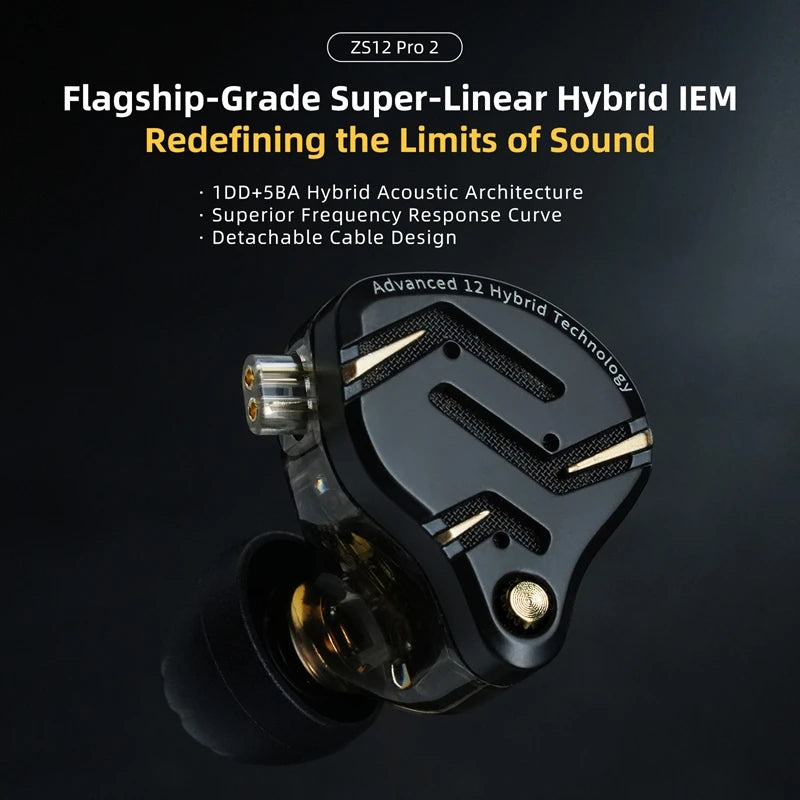 KZ ZS12 PRO 2 1DD + 5BA Hybrid HiFi In Ear Earphones Improved Bass Monitor Headphones Detachable Wire Earbuds Gaming Headest