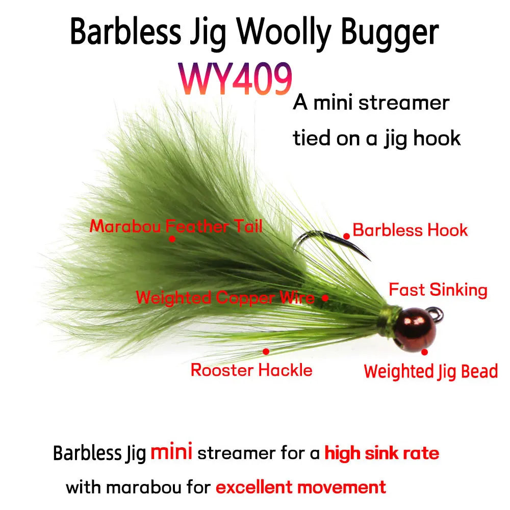 4~6pcs #10 #12 Fast Sinking Tungsten Barbless Jig Woolly Bugger Streamer Barbed Bugger Tan Jig Nymph Fly Trout Bass Fishing Lure