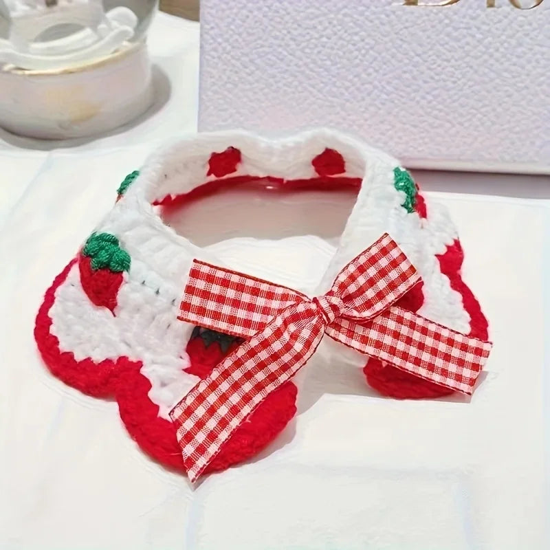 Strawberry Plaid Pet Bib, Soft Polyester Bow Tie with Ruffle Edge, Adjustable Strap for Cats Dogs All Sizes - Pet Supplies from Linloft.