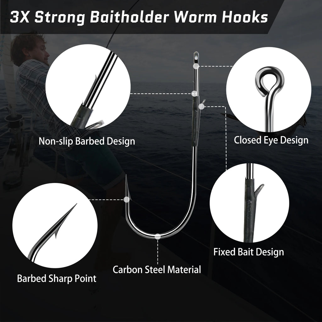 FishTrip 10~30PCS 3X Strong Baitholder Worm Hooks Double Barbed Hook High Carbon Steel Flipping Hooks for Freshwater & Saltwater