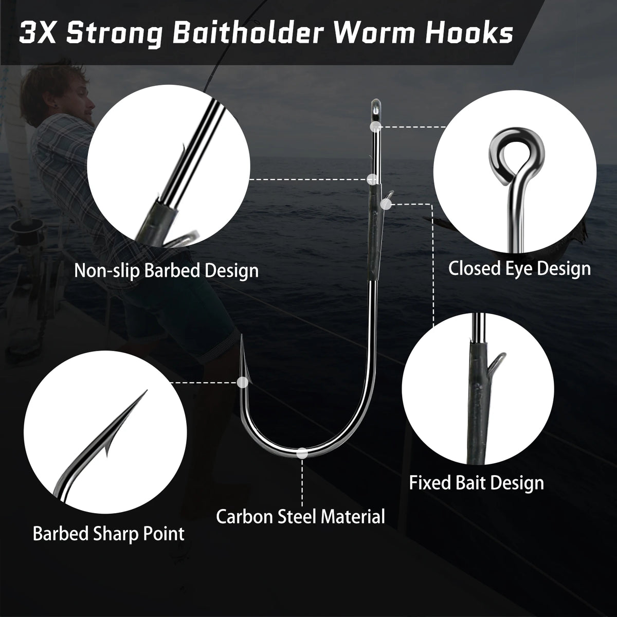 FishTrip 10~30PCS 3X Strong Baitholder Worm Hooks Double Barbed Hook High Carbon Steel Flipping Hooks for Freshwater & Saltwater