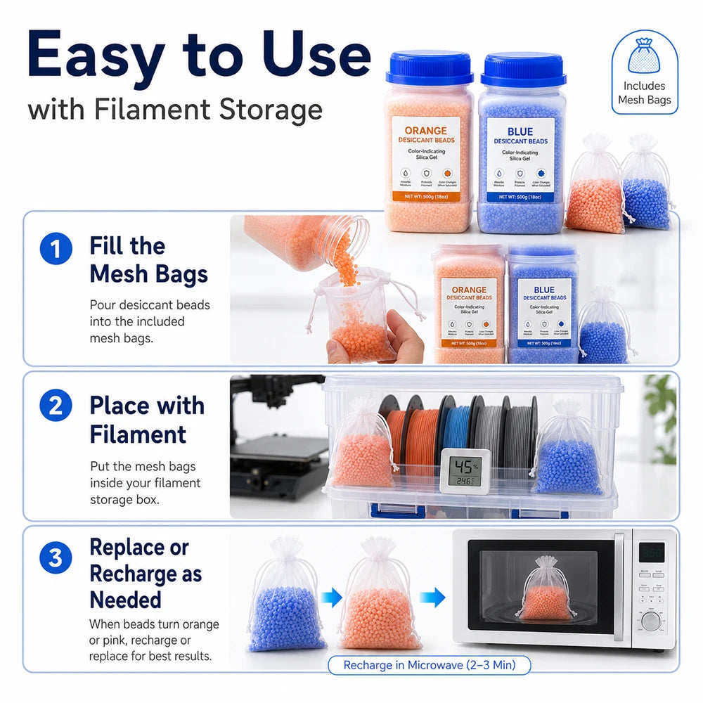 Reusable Silica Gel Desiccant Beads for 3D Printer Filament, Color Changing Moisture Absorber with Bags for Spool Dry Box