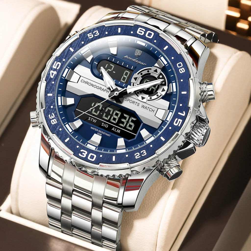 POEDAGAR Functional Electronic Man Wristwatch Week Date LED Luminous Oversized Fashion Quartz Men Watch Dual Time Digital Military Men's Watches Reloj - Apparel & Accessories from Linloft.