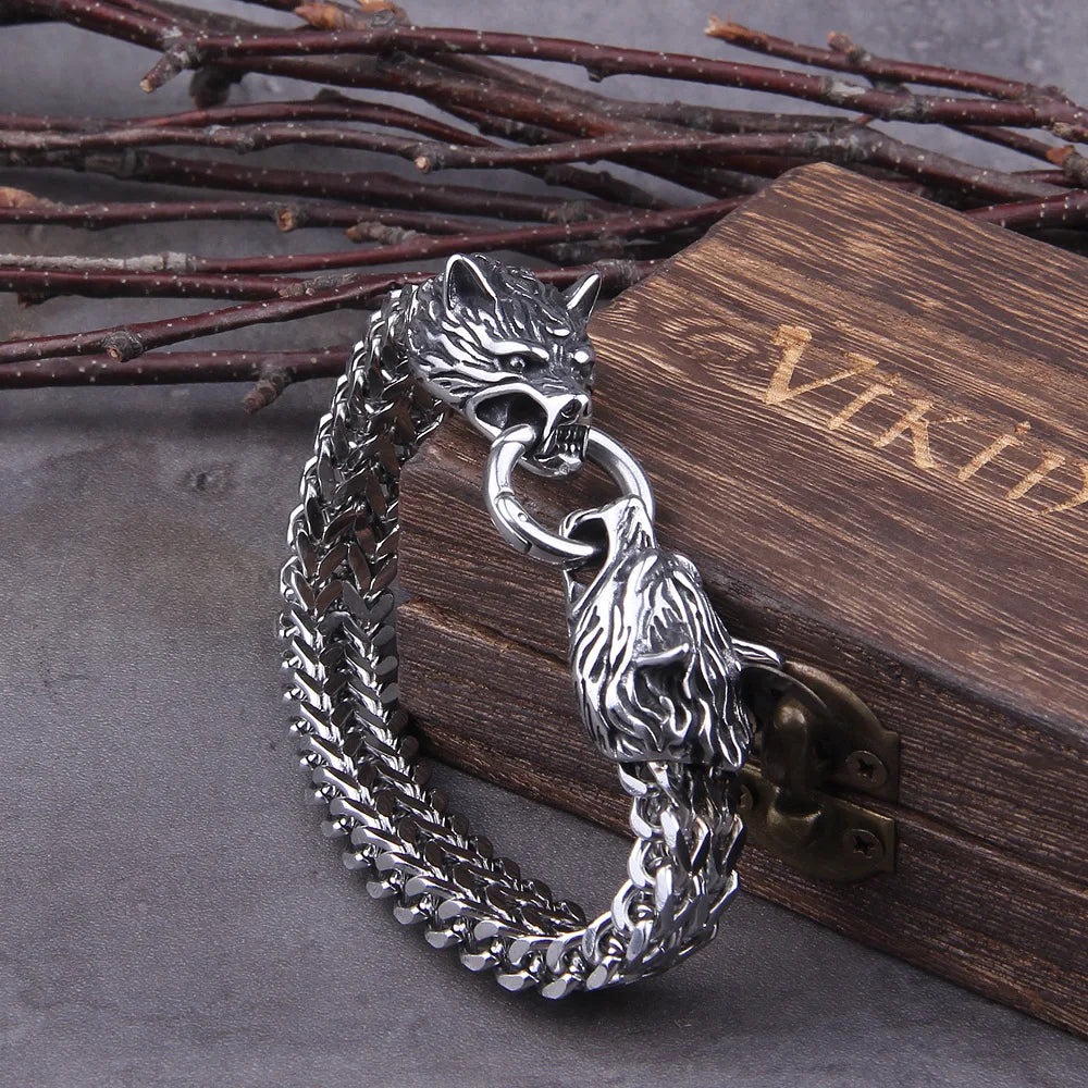 Never Fade Rock Viking Wolf Charm Bracelet Men's Stainless Steel Mesh Chain Gold Wolf Punk Jewelry without box - Bracelets from Linloft.