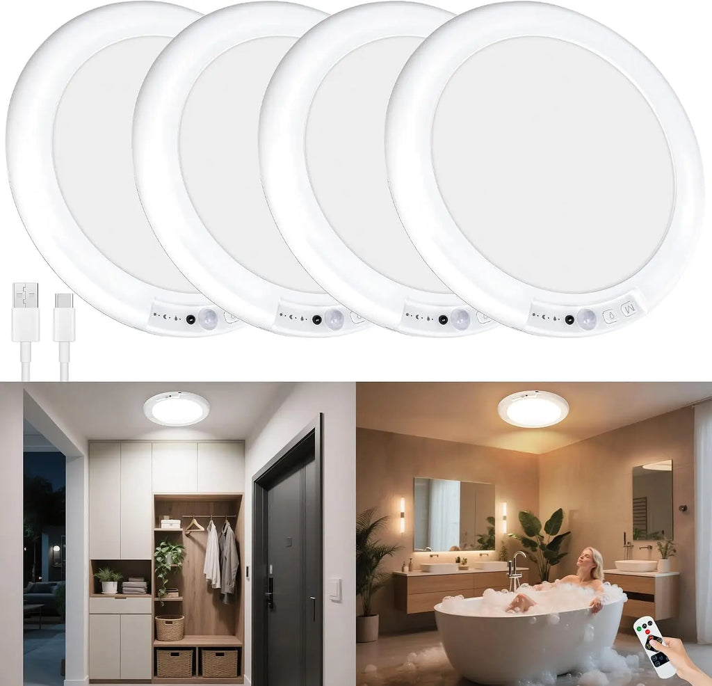 2/4Pcs Rechargeable Ceiling Lights, Motion Sensor Lights No Wiring, Wireless Closet Lights Battery Operated, for Bathroom Laundry Room Kitchen Porch Stair Hallway Shower Pantry Garage