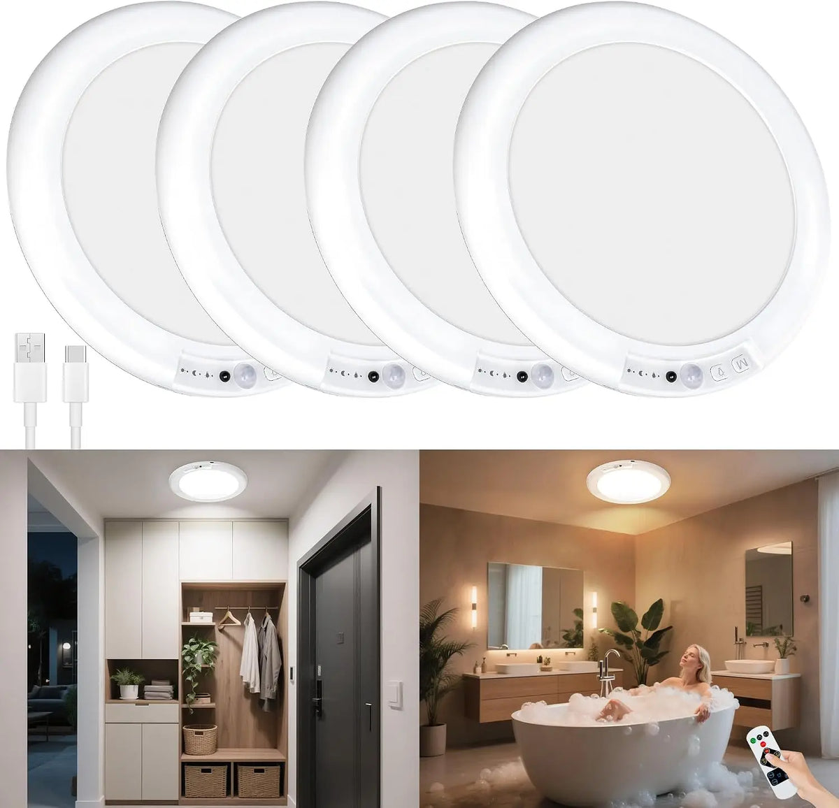 2/4Pcs Rechargeable Ceiling Lights, Motion Sensor Lights No Wiring, Wireless Closet Lights Battery Operated, for Bathroom Laundry Room Kitchen Porch Stair Hallway Shower Pantry Garage
