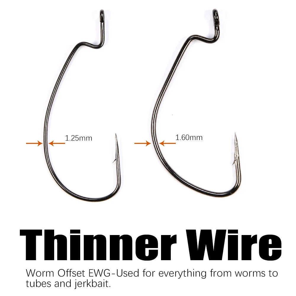 B&U Thin Wire Offset EWG Worm Hook with Big Rings Carbon Steel Crank Hooks Fishing Accessories for Soft Lure Tackle 12pcs