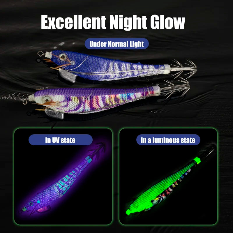 LEYDUN Luminous Squid Jig Wood Shrimp Egi Purple Deep Sea Cuttlefish Hanchi Egi 5pcs/set Fishing Lures Saltwater Baits