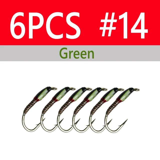 Wifreo 6PCS UV Glow Epoxy Buzzer Midge Nymph Fly Fluorescent Peacock Quill Nymph Trout Perch Grayling Fishing Lures Bait #10~#16 - Fishing Tackle from Linloft.