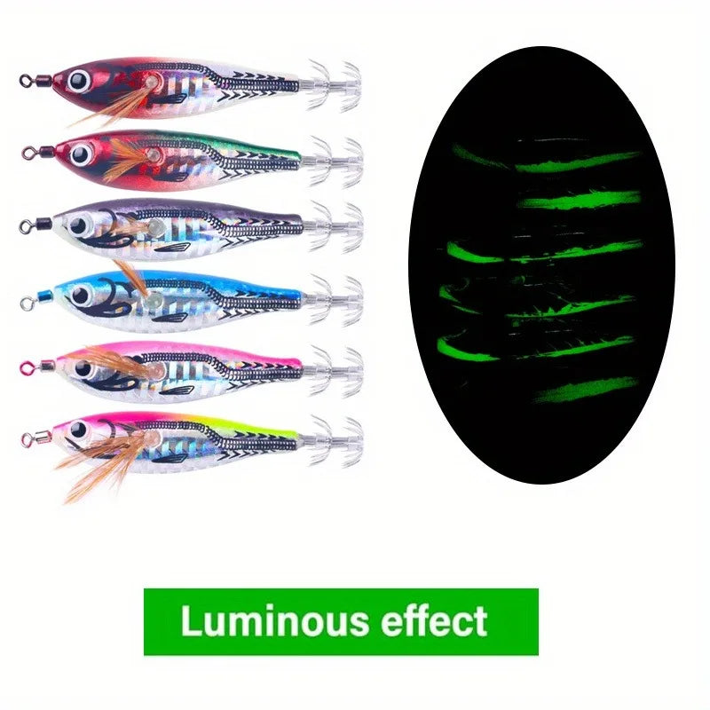 Ackibbik 6pcs Luminous Horizontal Squid Jig Saltwater Squid Glow Jigs Horizontal Sea Shrimp Jig Lure Squids Hook Night Fishing