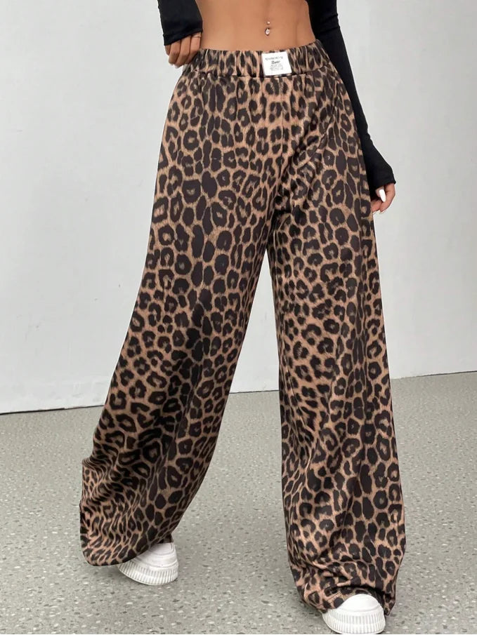 Women Leopard Print Wide Leg Pants Elastic High Waist Loose Casual Trousers Streetwear Y2K Fashion Long Palazzo Pants - Apparel & Accessories from Linloft.