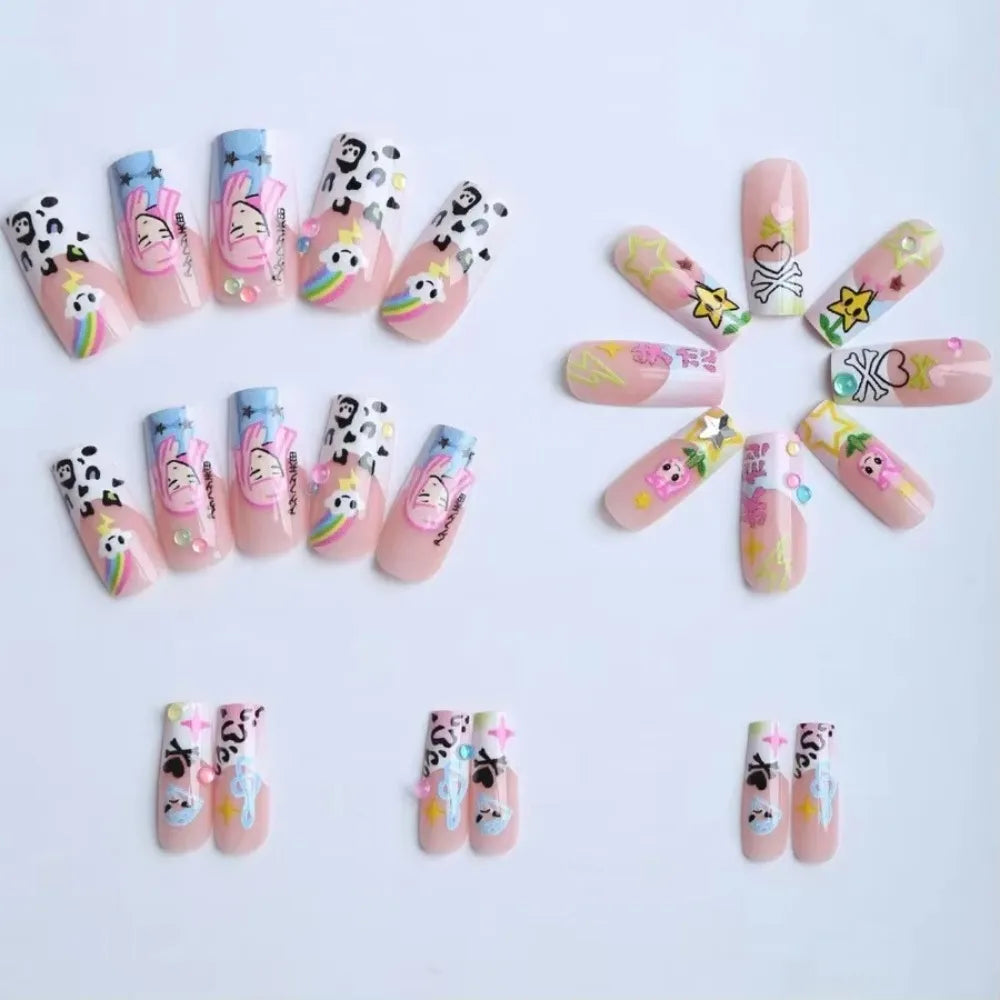24Pcs Y2K Japanese Cartoon Girl Rainbow Long Press On Nails, Cute Reusable Wearable Nails For Daily