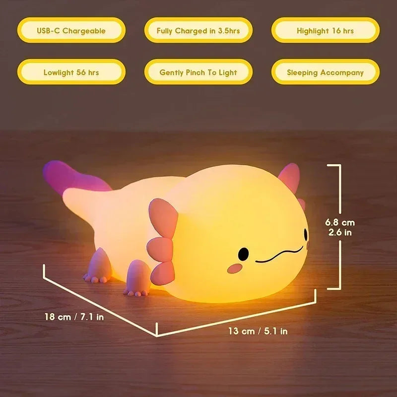 Cute Axolotl Night Light Silicone Nursery Sleeping Lamp Touch Control Nightlights USB Rechargeable Table Lamp for Child - Home Lighting from Linloft.