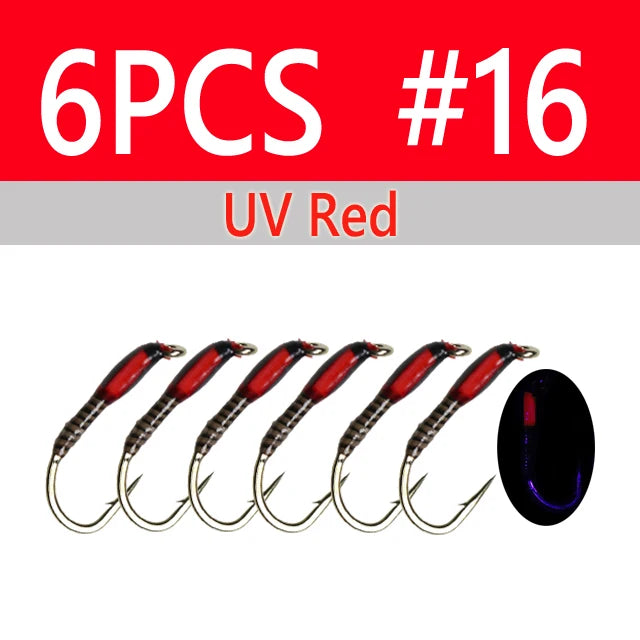 Wifreo 6PCS UV Glow Epoxy Buzzer Midge Nymph Fly Fluorescent Peacock Quill Nymph Trout Perch Grayling Fishing Lures Bait #10~#16 - Fishing Tackle from Linloft.