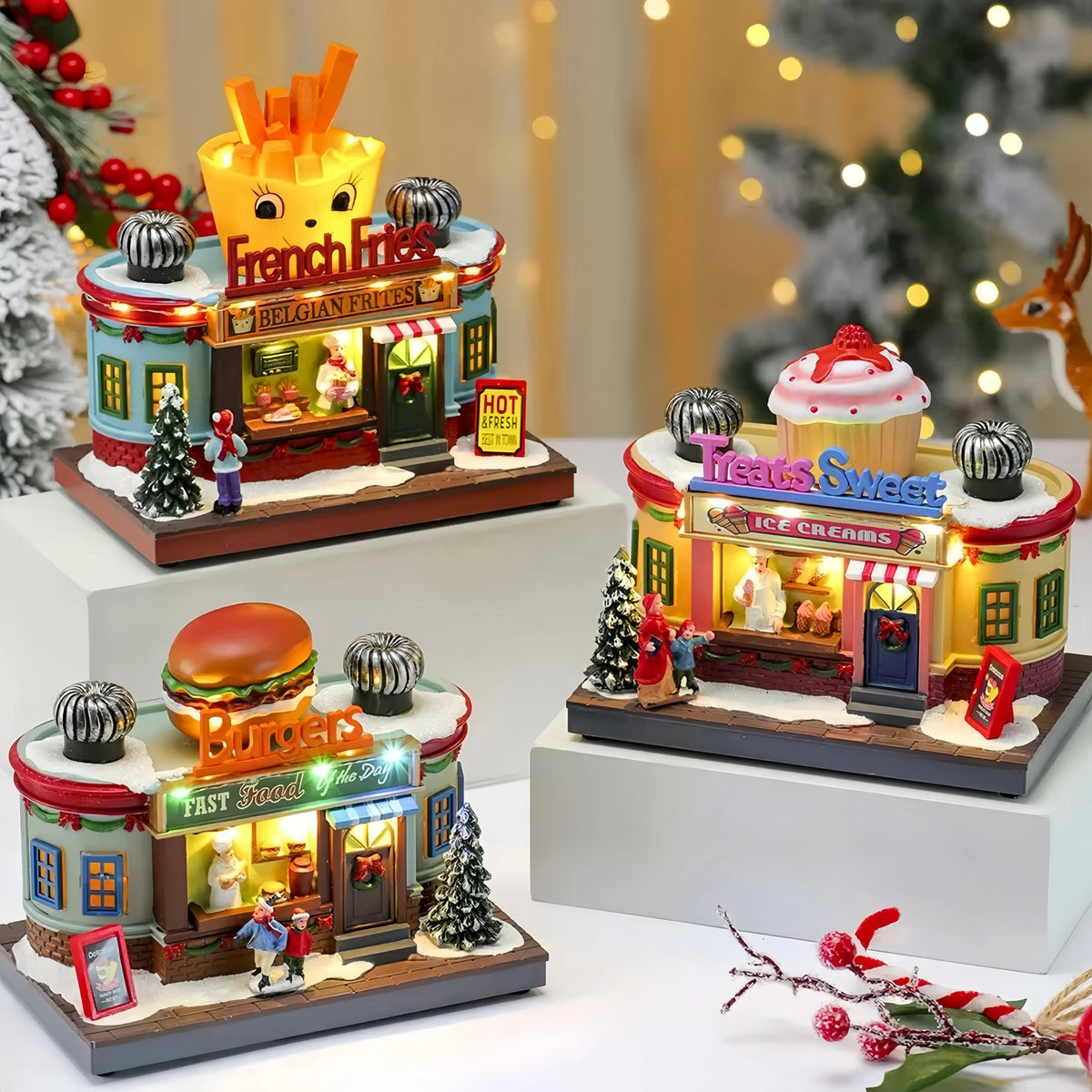 Christmas Lighted Music Box Resin Santa Ornament Gift Box Xmas Decorative Gift for Home Kitchen Cafe Window Holiday Party - Seasonal & Holiday from Linloft.