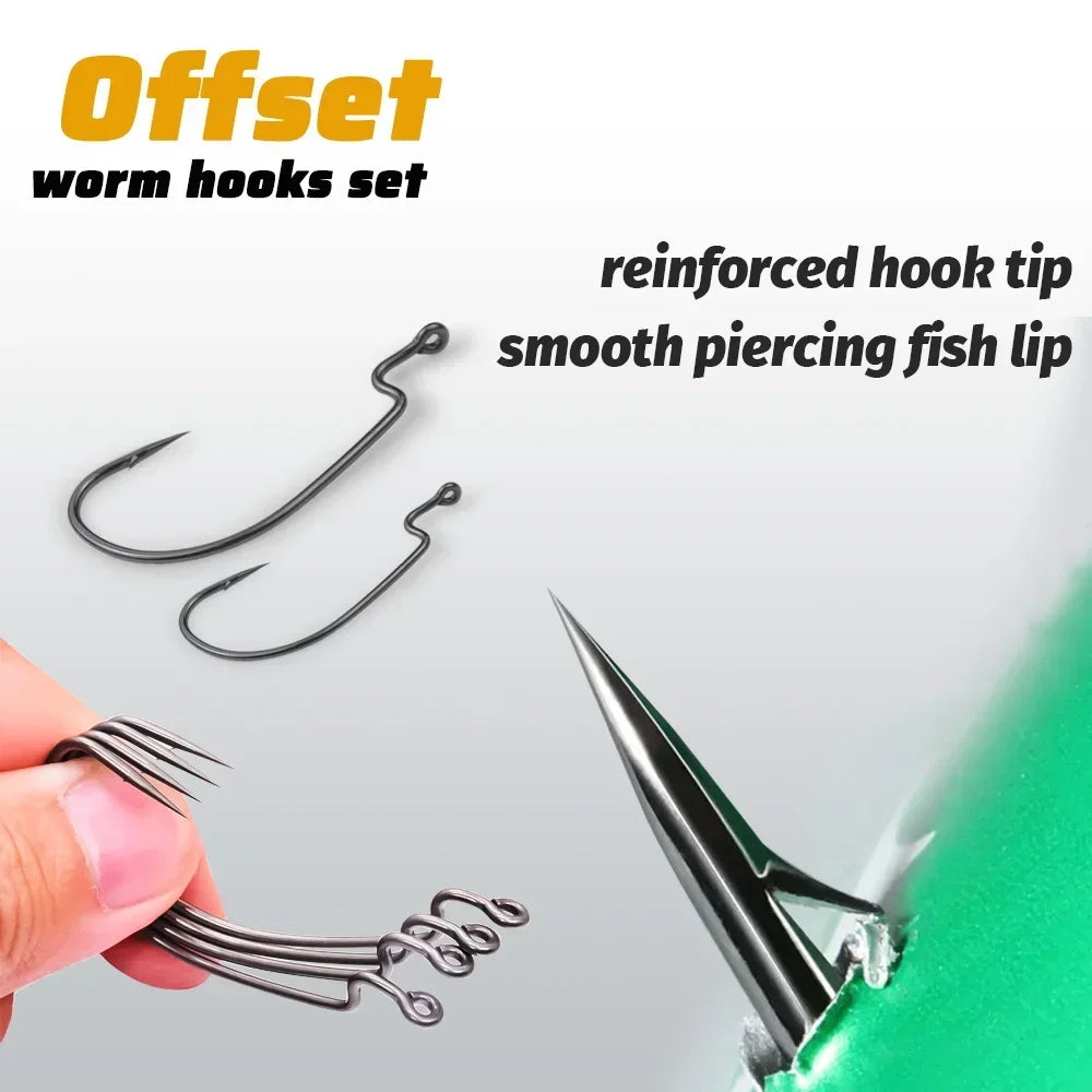 Worm Hooks Boxed Wide Gap Texas Rig Jig Crank High Carbon Steel Offset Barbed Worm Hook Set Fishing Tackle Soft Lure Fishhook
