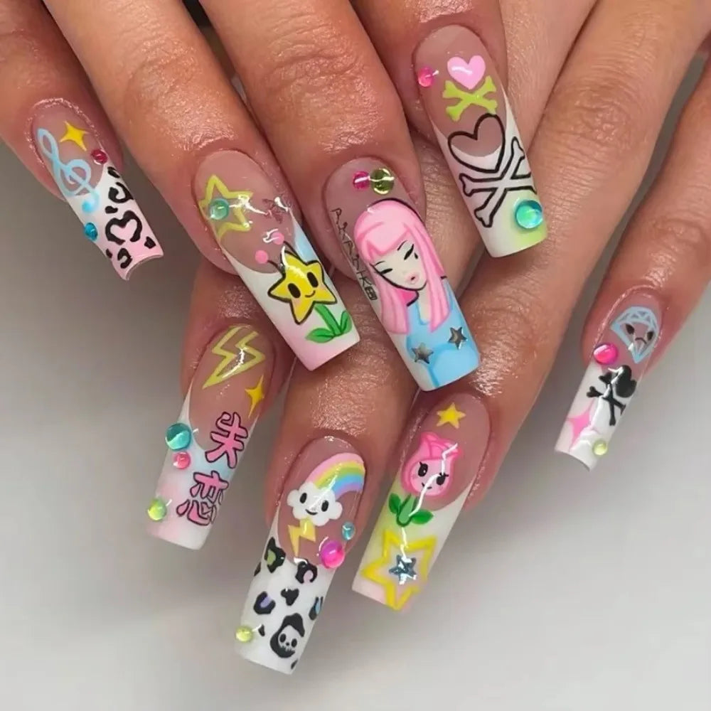 24Pcs Y2K Japanese Cartoon Girl Rainbow Long Press On Nails, Cute Reusable Wearable Nails For Daily