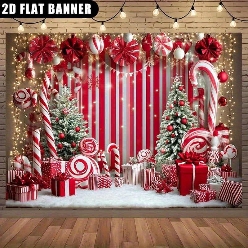 Christmas background, featuring elements of walking stick candy and gingerbread house, party decorations, Christmas decorations