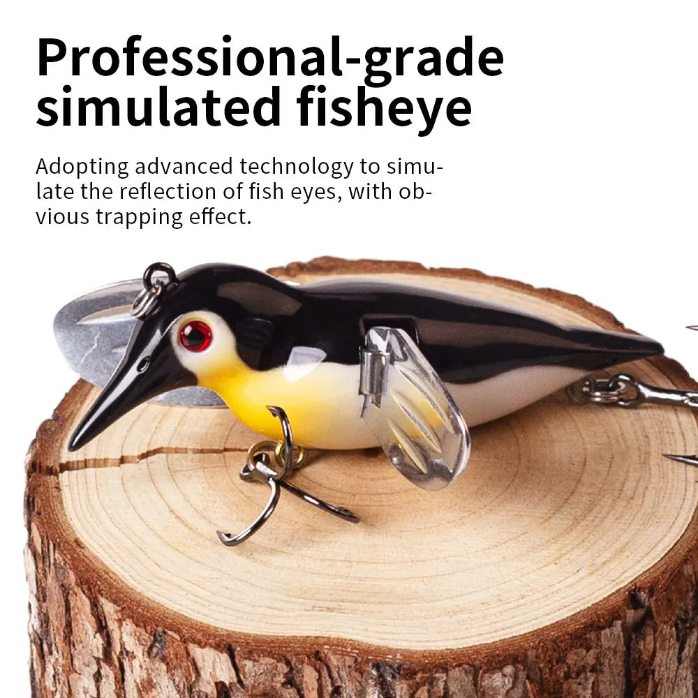 Hanlin 8cm/12g Simulation Penguin Topwater Popper Bait Floating Birds Fishing Lure Metal Wings Wobbler Swimbait Pike Bass Tackle