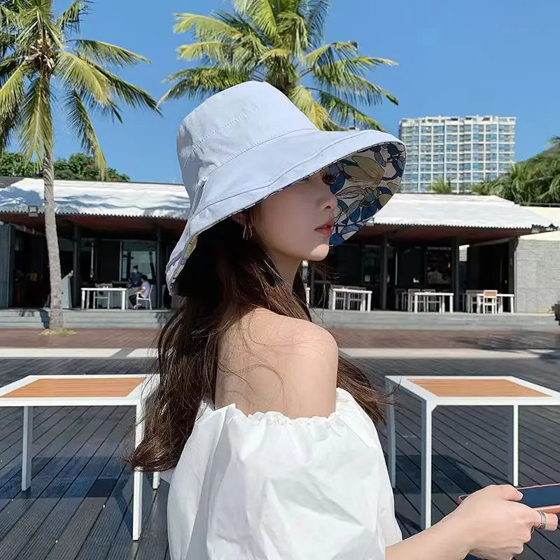 1×Women's Sun Protection Fishing Cap Full Face Bucket Cap Spring Summer Outdoor Large Brim UV Protection Hat with Windproof Rope