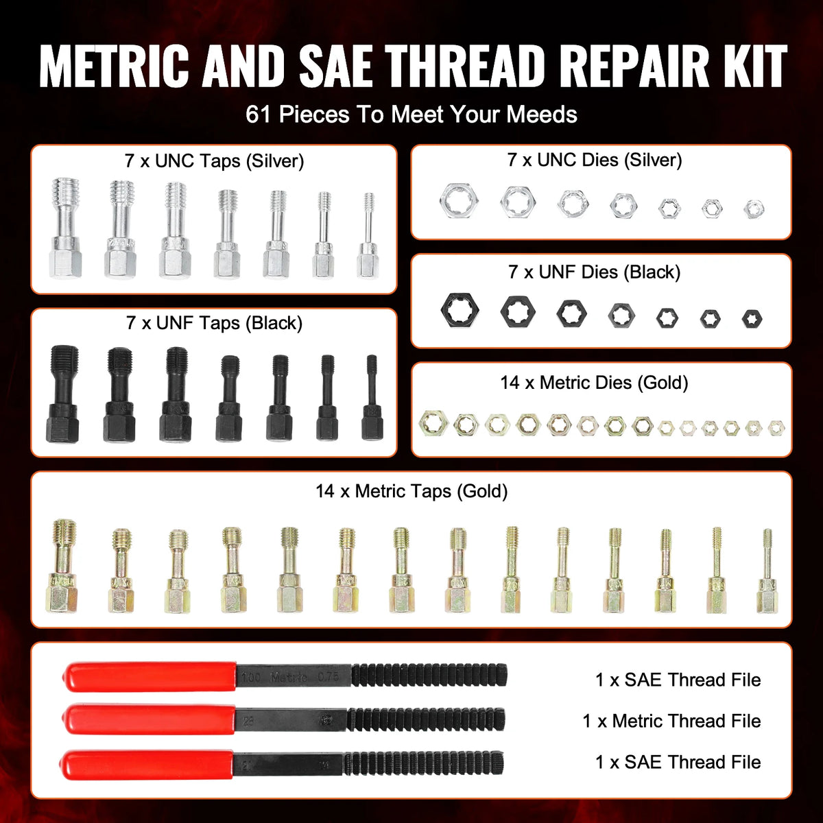 SucceBuy Thread Chaser Set UNC UNF Metric Thread Restorer Tool Rethreading Tool Kit Heat Treated Steel Mechanics DIY Enthusiast