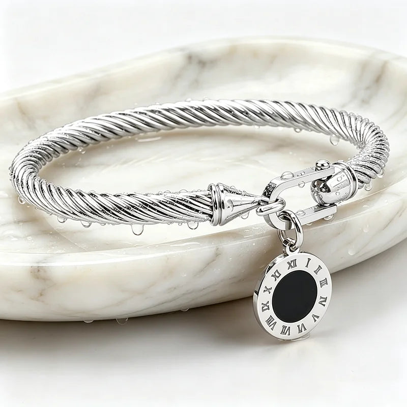 Roman Numeral Twisted Cable Bangle - Bracelets from Linloft.