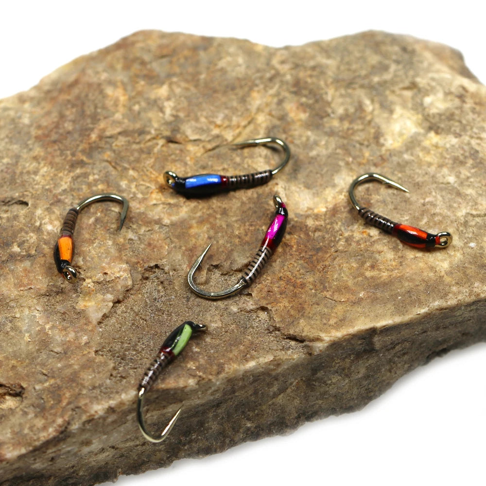 Wifreo 6PCS UV Glow Epoxy Buzzer Midge Nymph Fly Fluorescent Peacock Quill Nymph Trout Perch Grayling Fishing Lures Bait #10~#16