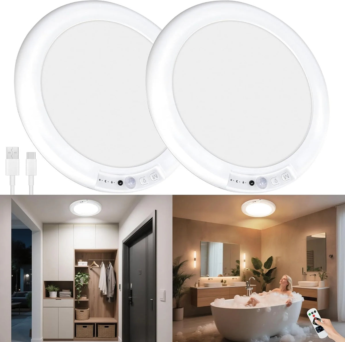 2/4Pcs Rechargeable Ceiling Lights, Motion Sensor Lights No Wiring, Wireless Closet Lights Battery Operated, for Bathroom Laundry Room Kitchen Porch Stair Hallway Shower Pantry Garage