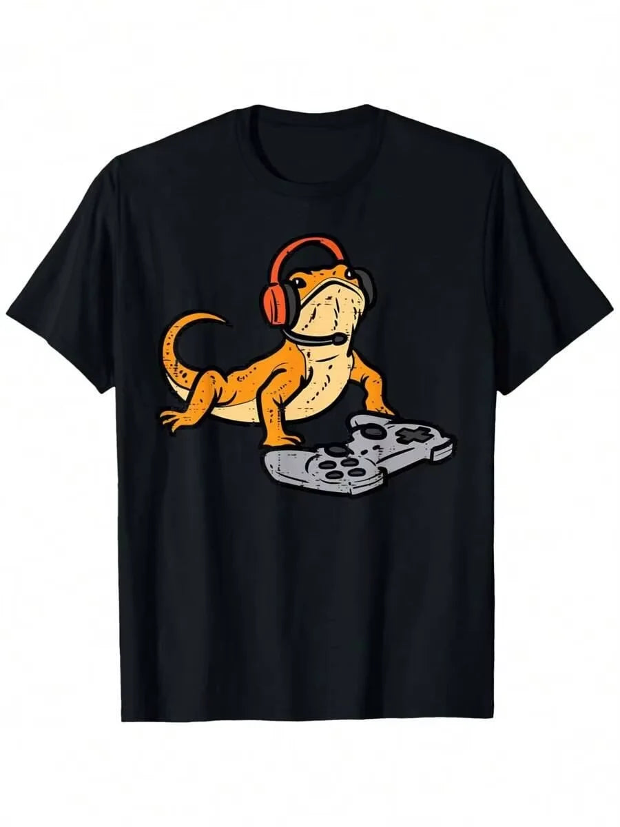 Bearded Dragon Video Gaming Funny Gamer Animal Men's Summer T-Shirt, Street Style Hip Hop T-Shirt Short Personalized Sleeve 100% Cotton Trendy Y2K Short-Sleeve Tee-Soft, Quick-Drying, Moisture-Wicking, Great Gift for Christma